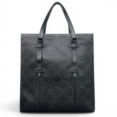GUCCI 美品 グッチ GGエンボス トートバッグ 700421 レザー ブラック シルバー金具 ビジネスバッグ ユニセックス ABランク 中古 鑑定済 グッチバッグ