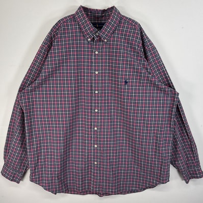 古着 ラルフローレン RALPH LAUREN 長袖シャツ ロゴ 刺繍 チェック柄 大きいサイズ 2XB ネイビー系 マルチカラー メンズ