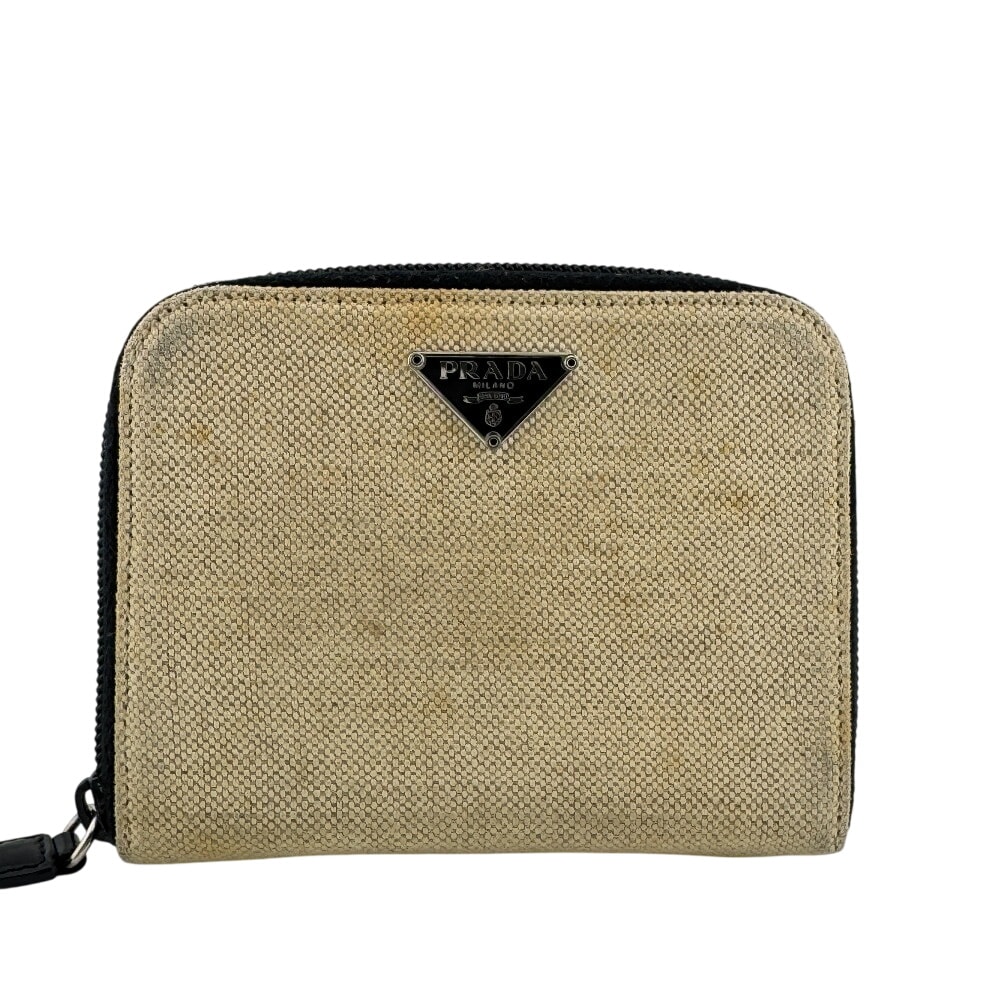 プラダ PRADA 二つ折り財布 トライアングルロゴ 三角プレート コンパクトウォレット フラップ ラウンドファスナー ベージュ