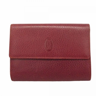 【6ec2886】カルティエ 三つ折り財布 マスト レザー ボルドー ゴールド金具【中古】メンズ レディース ユニセックス