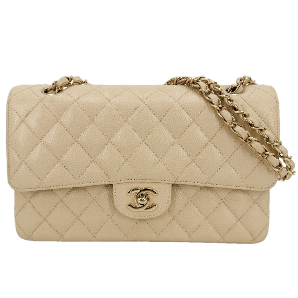 CHANEL シャネル ショルダーバッグ マトラッセ25 ダブルチェーン ダブルフラップ 肩掛け 斜め掛け ココマーク ターンロック キャビアスキン ベージュ ゴールド金具 レディース【中古品】