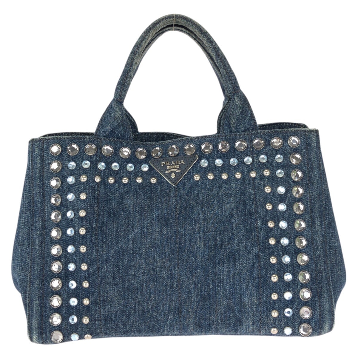 美品 PRADA プラダ カナパ 三角ロゴプレート ブルー シルバー金具 デニム ラインストーン/ トートバッグ ハンドバッグ 601712 【中古】