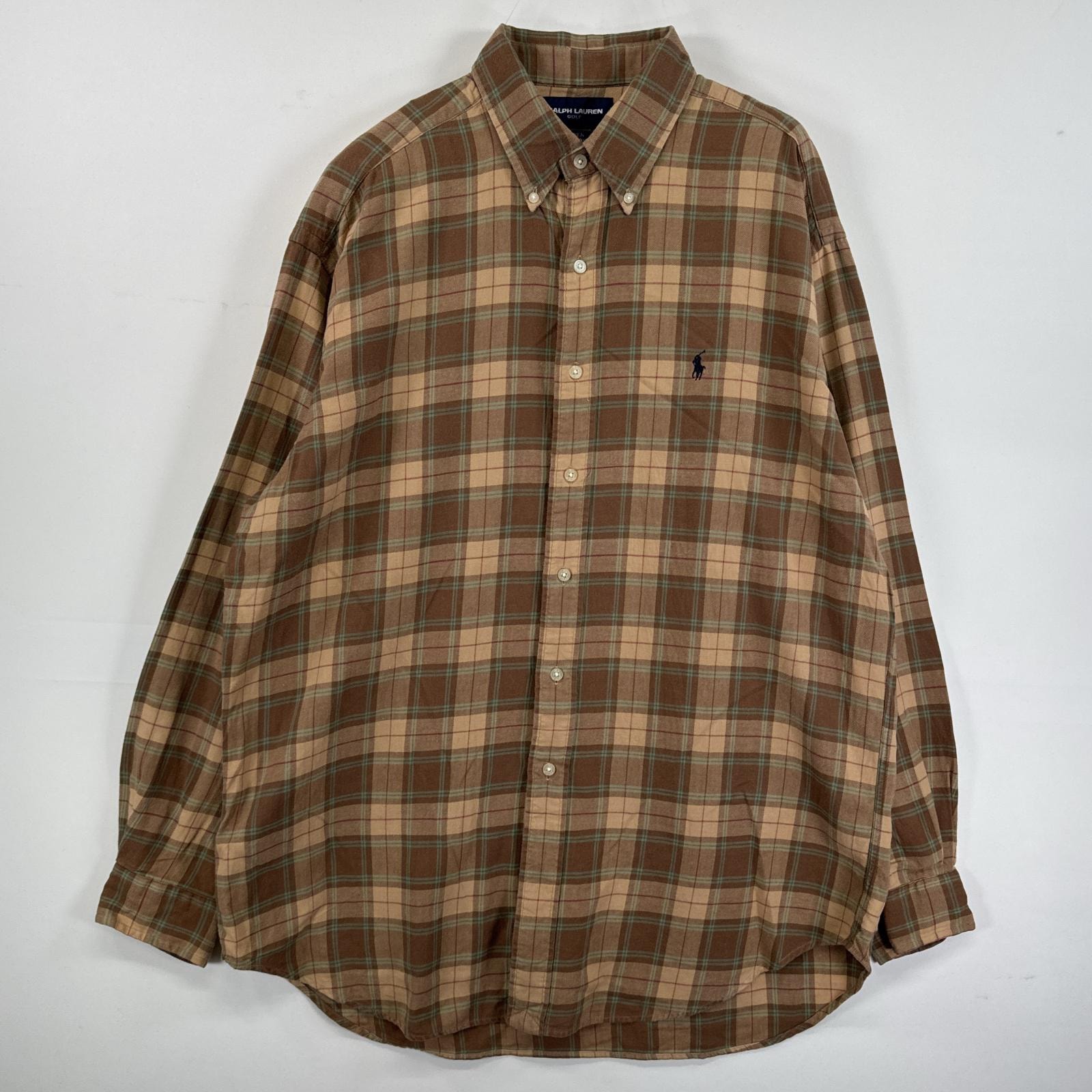 古着 90's/90年代 ラルフローレン RALPH LAUREN 長袖シャツ ボタンダウンシャツ ワンポイント 刺繍 ゴルフ L  ブラウン系 チェック メンズ
