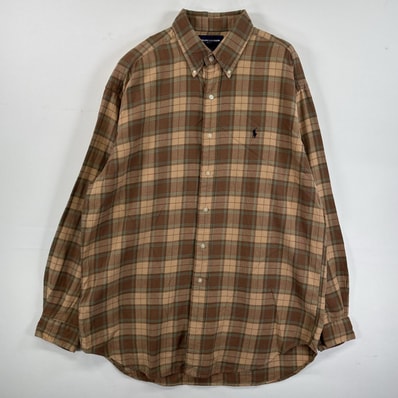 古着 90's/90年代 ラルフローレン RALPH LAUREN 長袖シャツ ボタンダウンシャツ ワンポイント 刺繍 ゴルフ L ブラウン系 チェック メンズ