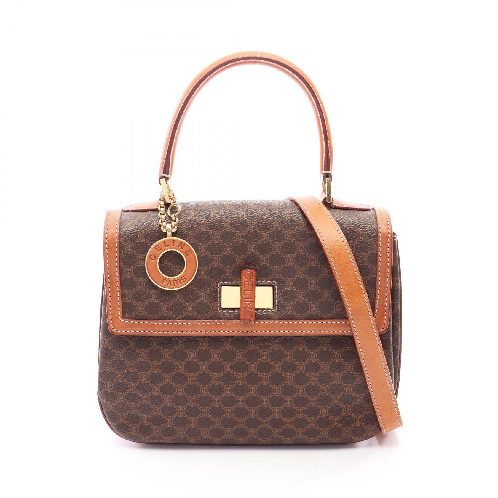 セリーヌ CELINE マカダム ターンロック 2WAY ハンドバッグ バッグ PVCコーティングキャンバス レザー レディース ブラウン系 【中古】