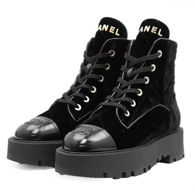 【新品同様】 シャネル マトラッセ ベロア ハイカット COCOマーク ステッチ チャンキーソール 厚底 ブーツ レディース ブラック 37 1/2 CHANEL