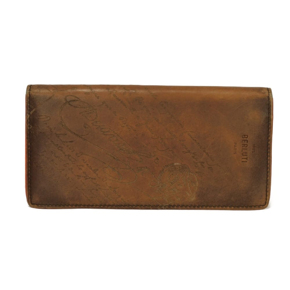 Berluti ベルルッティ サンタル スクリット フラップ ロングウォレット 新ロゴ エンボス ヴェネチア カーフ ブラック オレンジ マチ付き 札入れ カードケース コインケース カリグラフィ カカオ 長財布