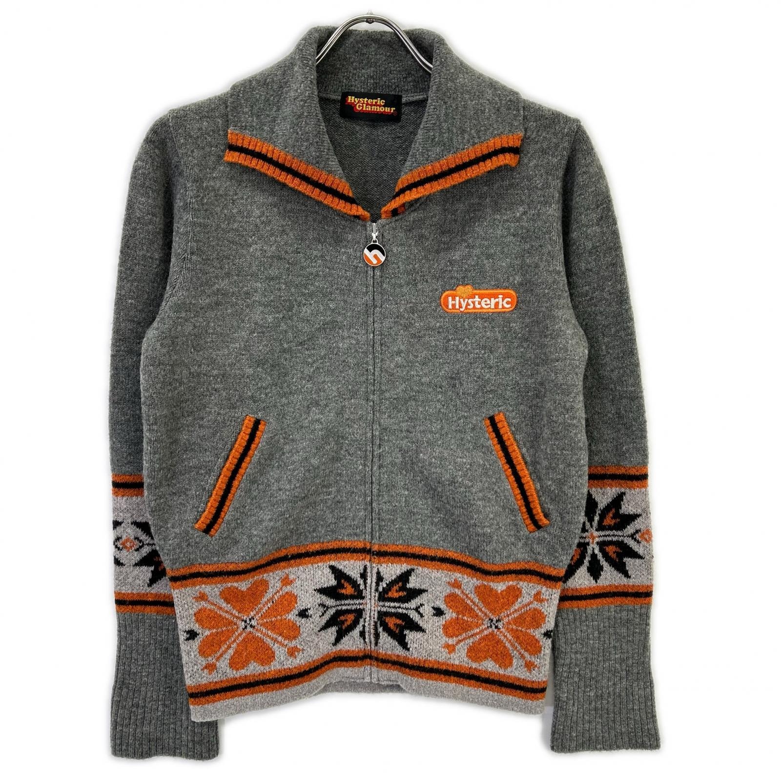ヒステリックグラマー グレー×オレンジ ノルディック柄 ジップニットジャケット