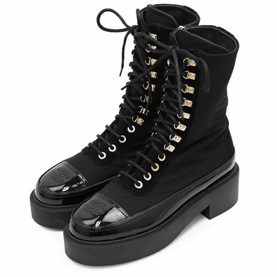 【極美品】CHANEL シャネル レースアップ ブーツ サイズ 35 レディース G38086 COCOマークステッチ テクニカルナイロン/エナメル カーフレザー コンビネーション サイドジップ シューズ 靴 箱・袋付属 ブラック 黒 イタリア製