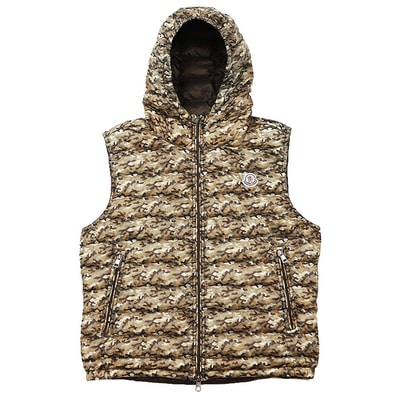 SALE【美品】MONCLER モンクレール ダウンベスト PATRICK カモフラージュ サイズ 2 メンズ ロゴ ワッペン フーデッド ジップアップ アウター ブラウン 茶色 ルーマニア製