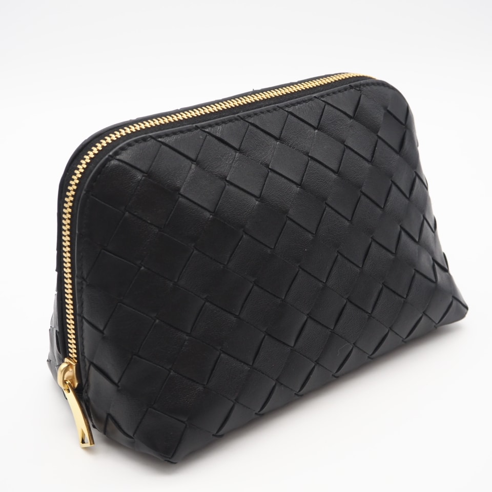 美品 BOTTEGAVENETA ボッテガヴェネタ イントレチャート中 レザー ビューティ ポーチ 785976V3IV08425 ポーチ ブラック レザー レディース