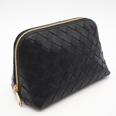 美品 BOTTEGAVENETA ボッテガヴェネタ イントレチャート中 レザー ビューティ ポーチ 785976V3IV08425 ポーチ ブラック レザー レディース