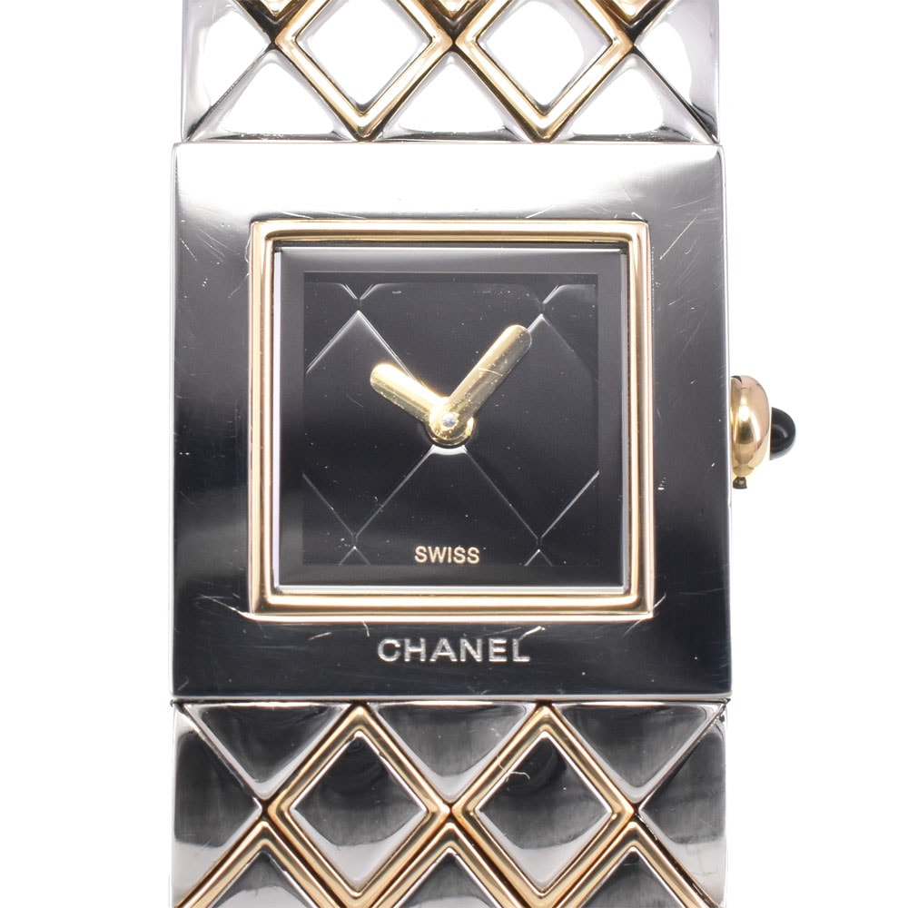 値下 シャネル CHANEL H0475 マトラッセ SS/GP ブラック クォーツ レディース 良品 腕時計 D#146744