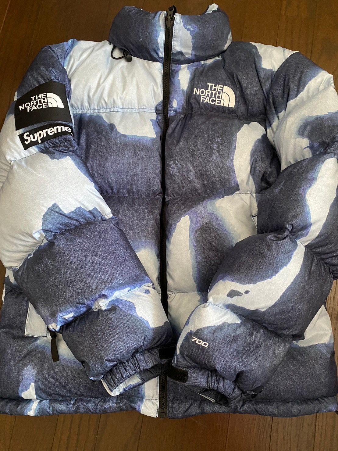 Supreme x The North Face Bleached Denim Print Nuptse Jacket "Indigo"