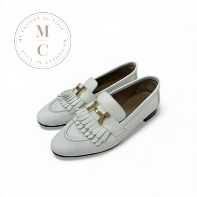 エルメス HERMES ロワイヤル ローファー 革靴 靴 シューズ レザー ホワイト 白 ゴールド H金具 フリンジ モカシン フラットシューズ