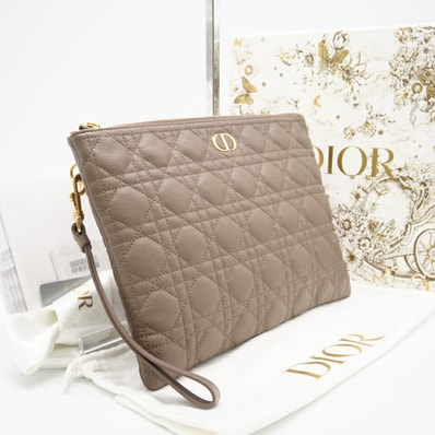 極美品 Dior ディオール カナージュ カーフスキン Dior Caro デイリーポーチ ラージ ウォームトープ S5086UWHC クラッチバッグ ブラウン カーフレザー レディース