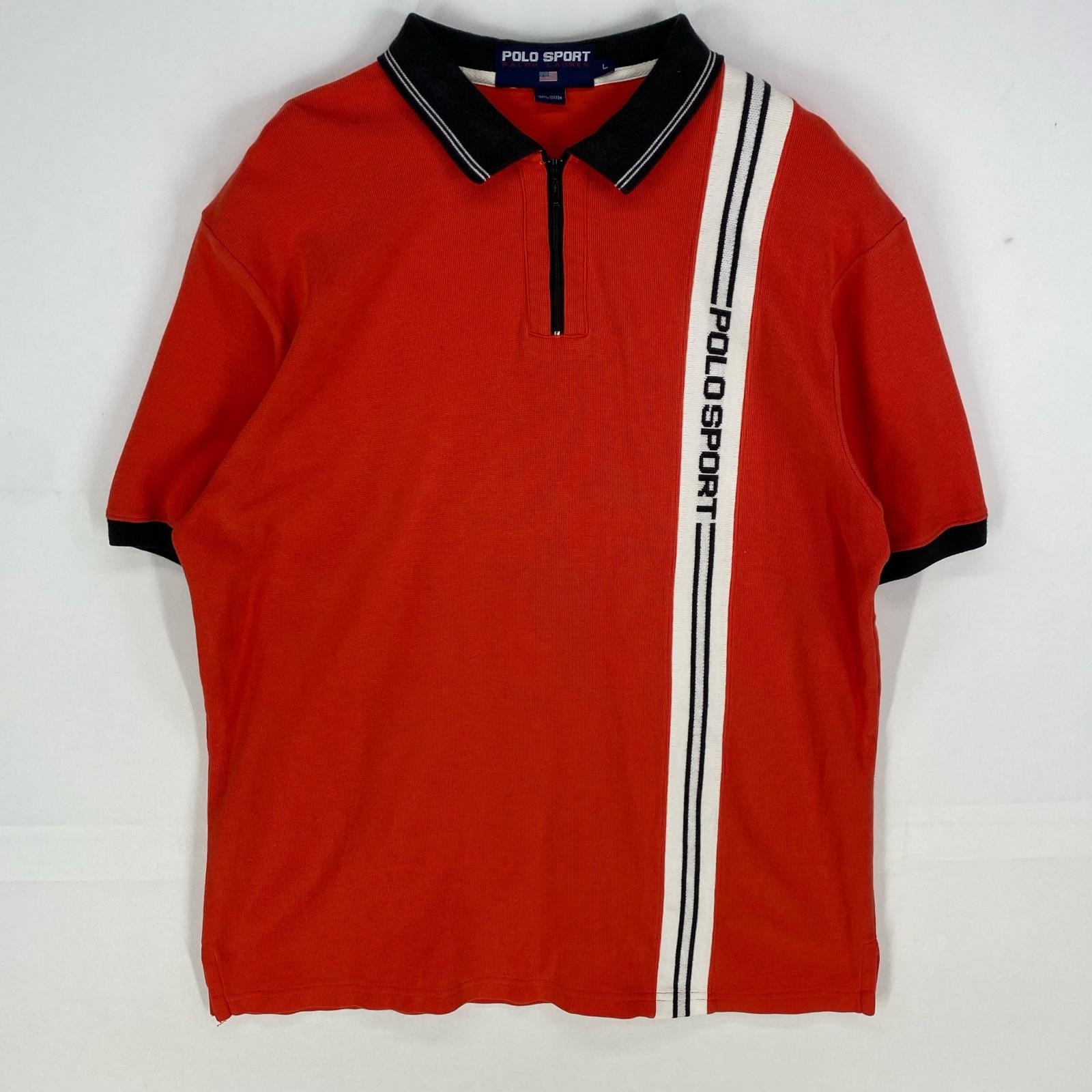 古着 ポロスポーツ POLO SPORTS 半袖シャツ ハーフジップ ロゴデザイン ゲームシャツ ポロシャツ L  オレンジ系 メンズ