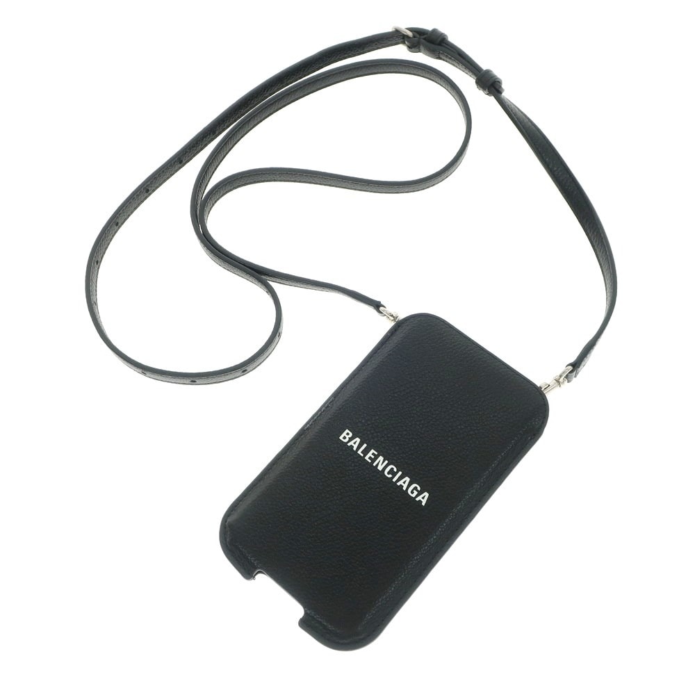 【中古】バレンシアガ BALENCIAGA ストラップ付 レザー スマホホルダー ブラック【メンズ】