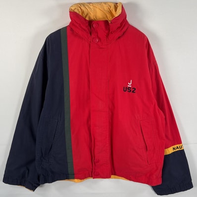 古着 90's/90年代 ノーティカ NAUTICA リバーシブルジャケット フーディー 刺繍ロゴ M レッド イエロー マルチカラー メンズ