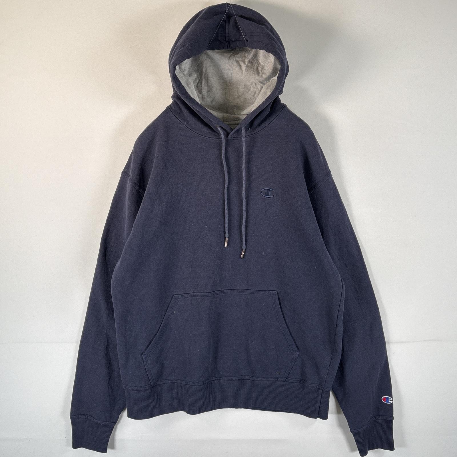 古着 チャンピオン Champion パーカー ワンポイントロゴ刺繍 フーディー マフポケット プルオーバー M  ネイビー メンズ