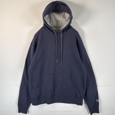 古着 チャンピオン Champion パーカー ワンポイントロゴ刺繍 フーディー マフポケット プルオーバー M ネイビー メンズ