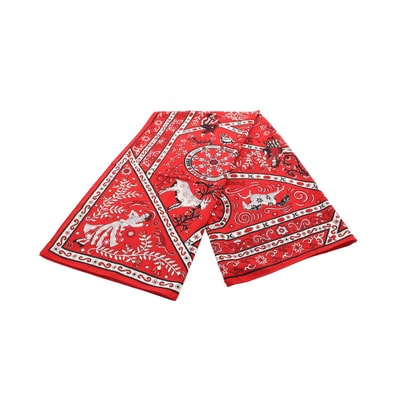 エルメス HERMES カレジェアン カレ140 Peuple du Vent スカーフ 衣料品 シルク カシミヤ シルク ホワイト レディース レッド系 / ブラック系 / ホワイト系 【中古】
