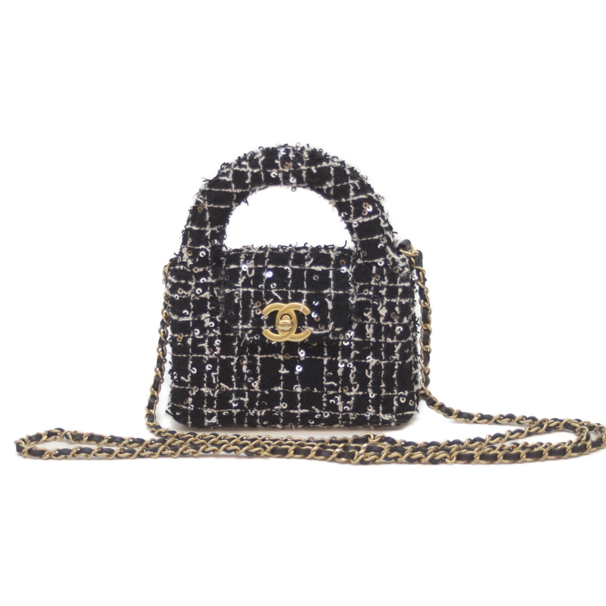 シャネル 24AW ﾌﾞﾗｯｸ AP3435 ﾂｲｰﾄﾞ×ｽﾊﾟﾝｺｰﾙ ﾐﾆｼｮｯﾋﾟﾝｸﾞ ﾁｪｰﾝｸﾗｯﾁ