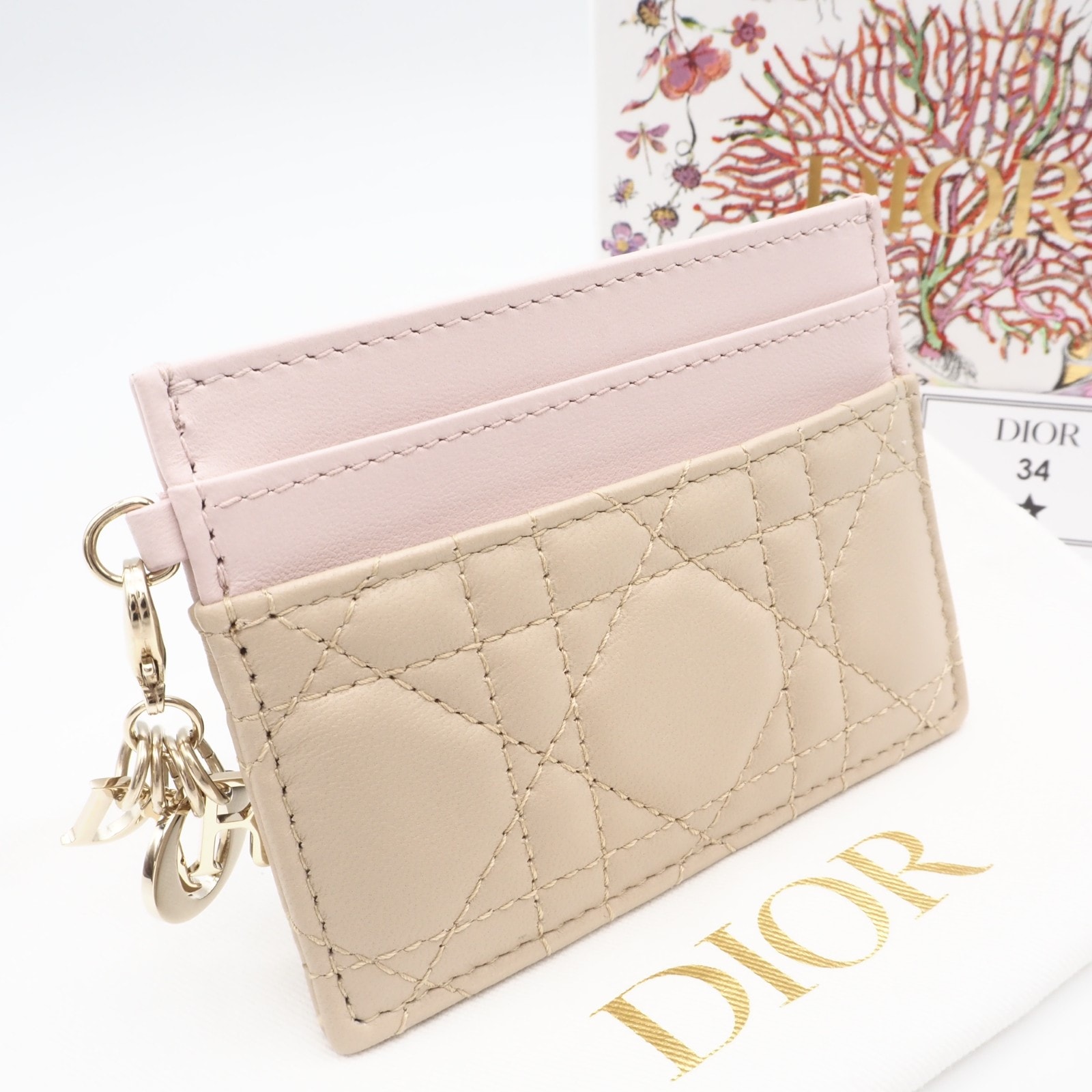未使用 Christian Dior クリスチャンディオール ラムスキン Lady Dior Freesia カードホルダー S0974OBWS カードケース ベージュ ピンク ラムスキン レディース