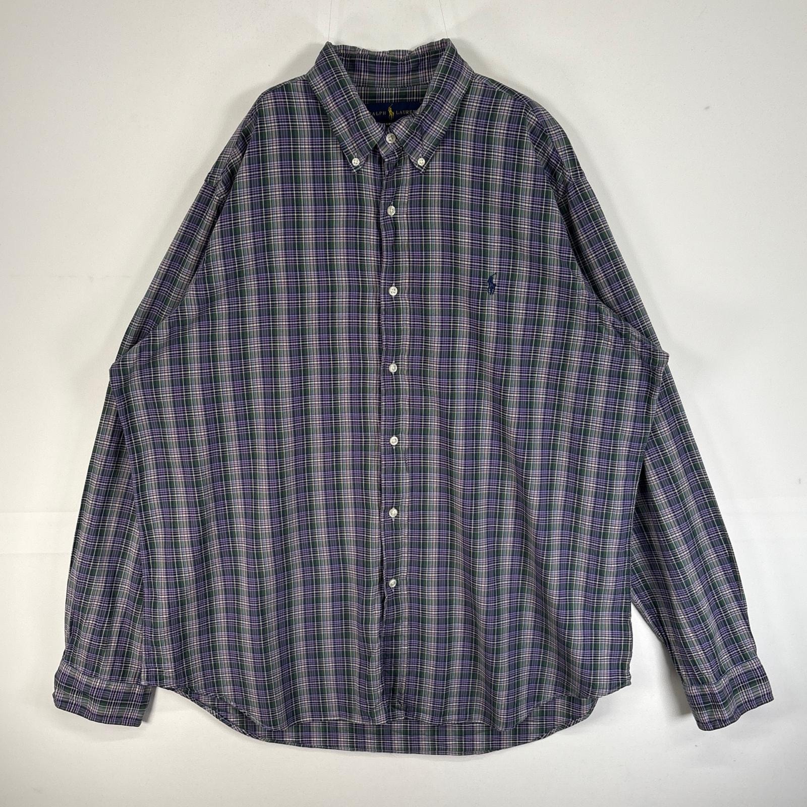 古着 ラルフローレン RALPH LAUREN 長袖シャツ ロゴ 刺繍 チェック ボタンダウン XL  パープル系 マルチカラー メンズ