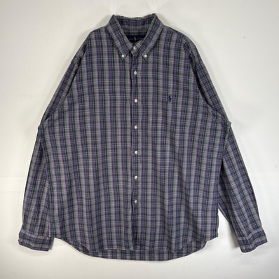 古着 ラルフローレン RALPH LAUREN 長袖シャツ ロゴ 刺繍 チェック ボタンダウン XL パープル系 マルチカラー メンズ