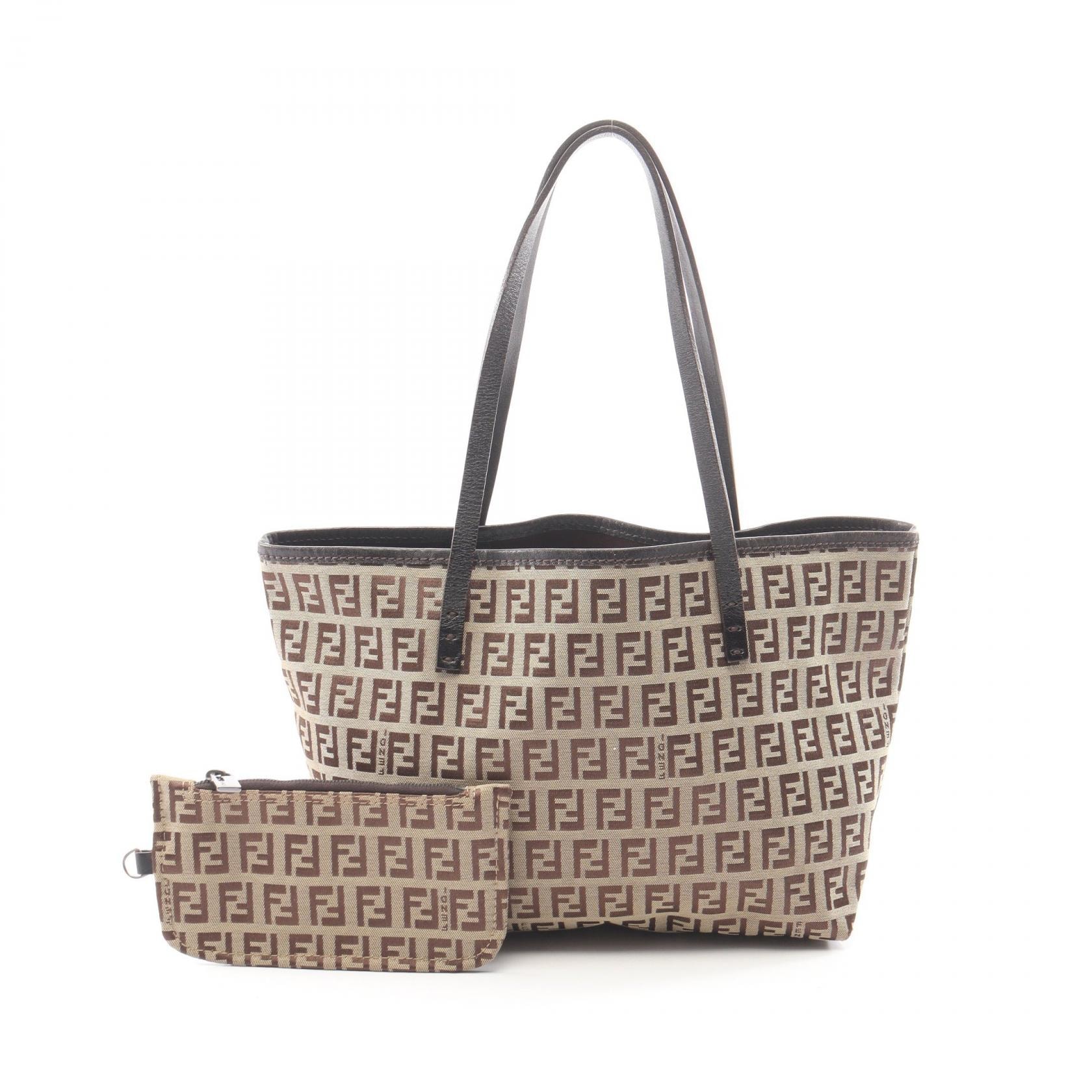 フェンディ FENDI ズッカ トートバッグ バッグ キャンバス レザー レディース ベージュ系 / ブラウン系 8BH056 【中古】