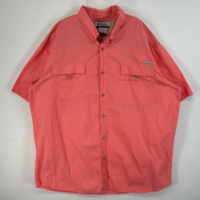 古着 コロンビア Columbia 半袖シャツ ワンポイント ロゴ フラップポケ 大きいサイズ 14041 ピンク 無地 メンズ