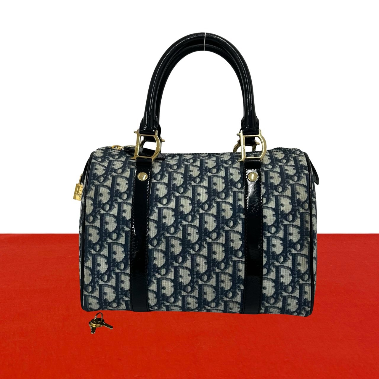 Christian Dior ディオール トロッター 柄 PVC レザー ハンドバッグ ネイビー
 31975