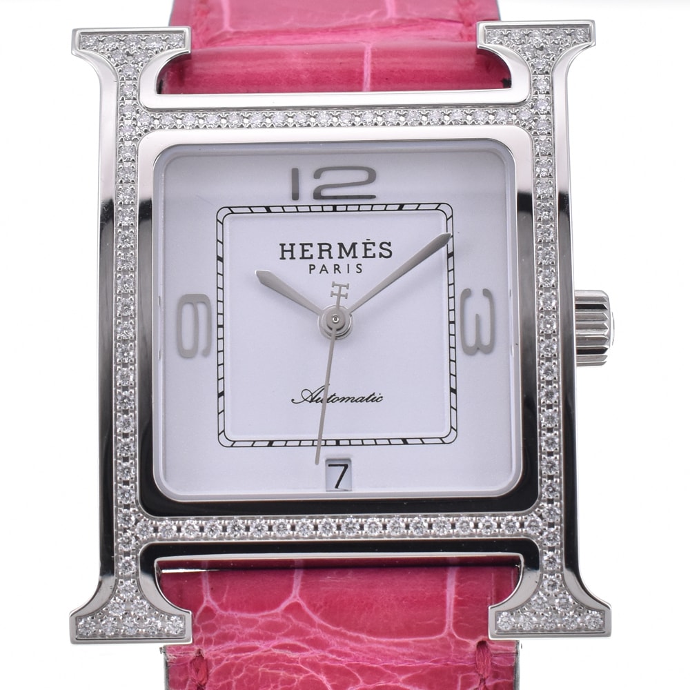 値下 エルメス HERMES HH3.530.131 Hウォッチ ダイヤモンドベゼル 自動巻き レディース 極美品 箱・保証書付き D#144574