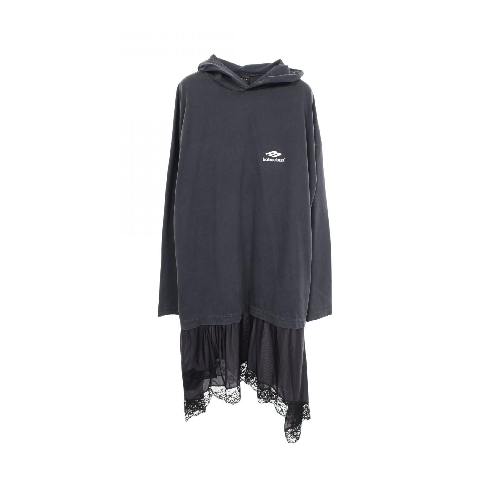 バレンシアガ BALENCIAGA フェイクレイヤード ダメージ加工 フード付き ワンピース 衣料品 トップス コットン レディース ネイビー系 【中古】