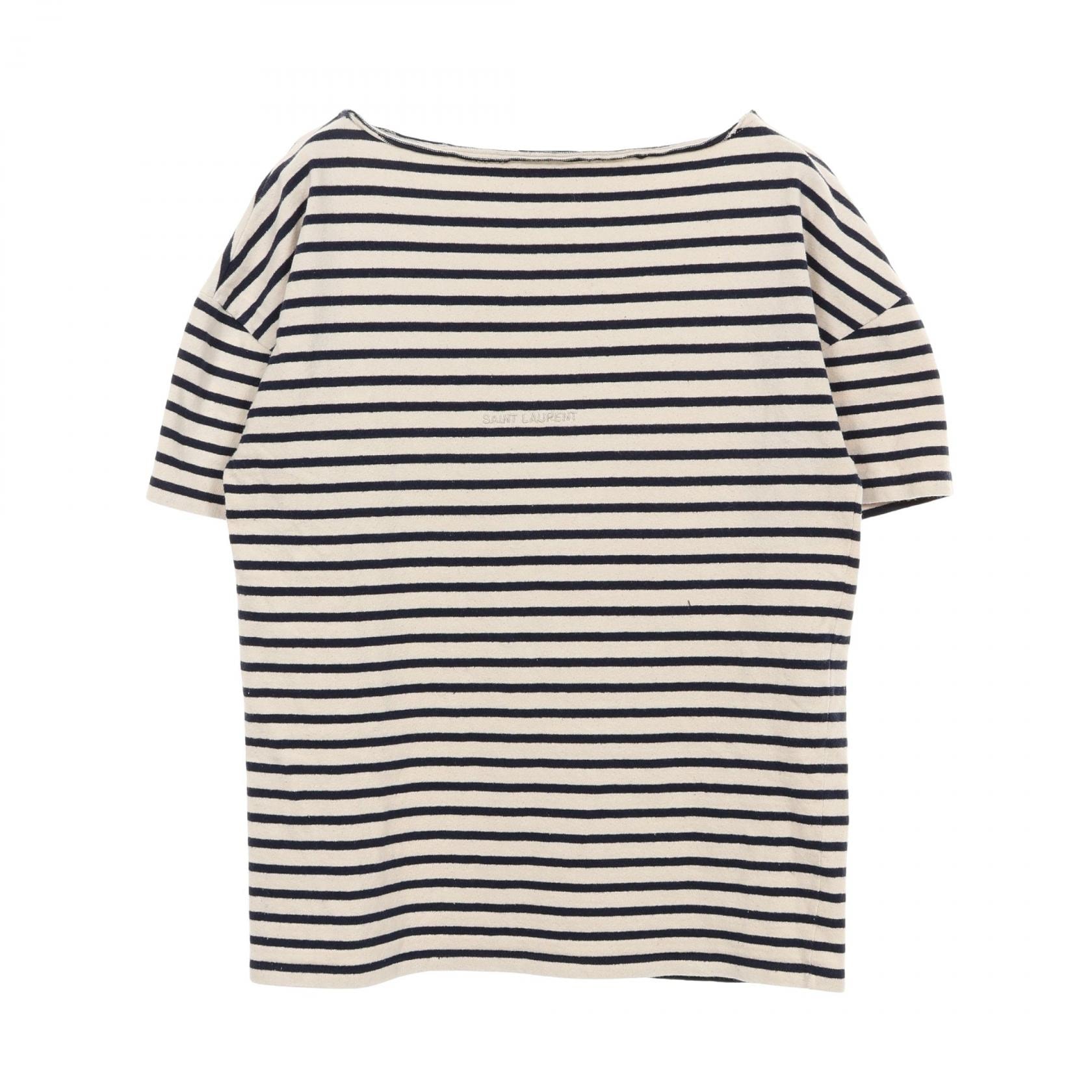 サンローランパリ SAINT LAURENT PARIS ロゴ刺繍 ボーダー 半袖Tシャツ 衣料品 トップス コットン レディース ネイビー系 / ホワイト系 【中古】