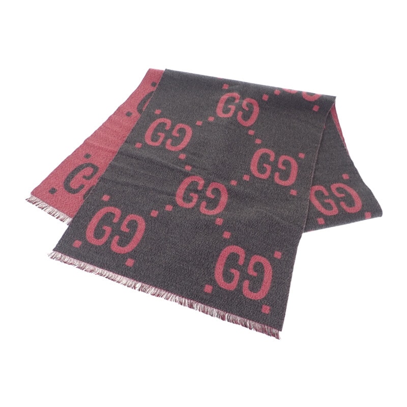 グッチ GUCCI GGジャガードスカーフ 558007_3G636_1272 マフラー ウール シルク グレー ピンク レディース メンズ【中古】【Aランク】