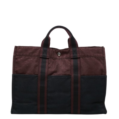 エルメス フールトゥMM ハンドバッグ トートバッグ ワインレッド ブラック キャンバス レディース HERMES 【中古】