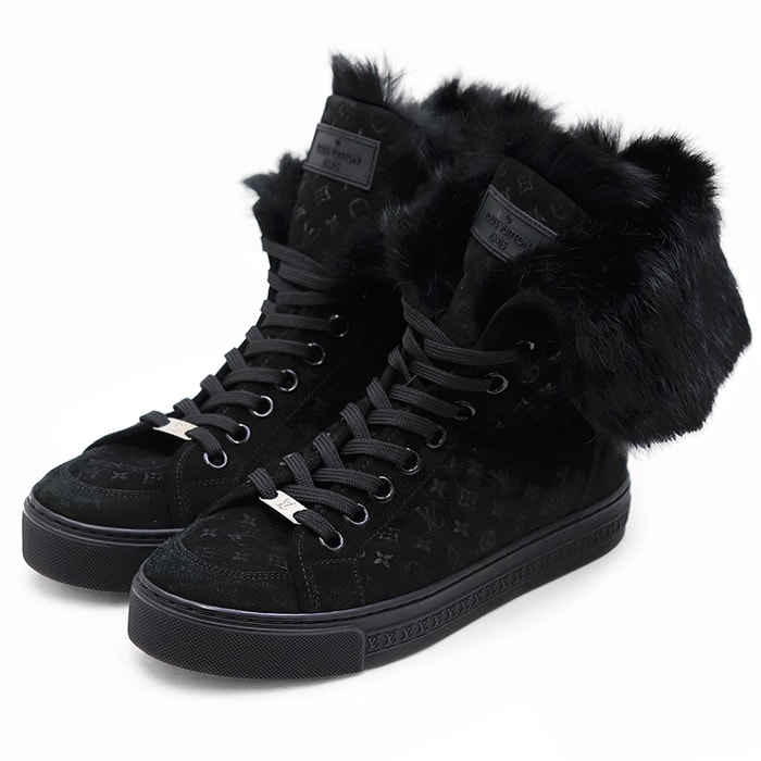 【SALE】LOUIS VUITTON ルイ・ヴィトン スウェード ファー ブーツ サイズ 36 1/2 レディース LVモノグラム レースアップ ハイカット スニーカー シューズ 靴 ブラック 黒 イタリア製