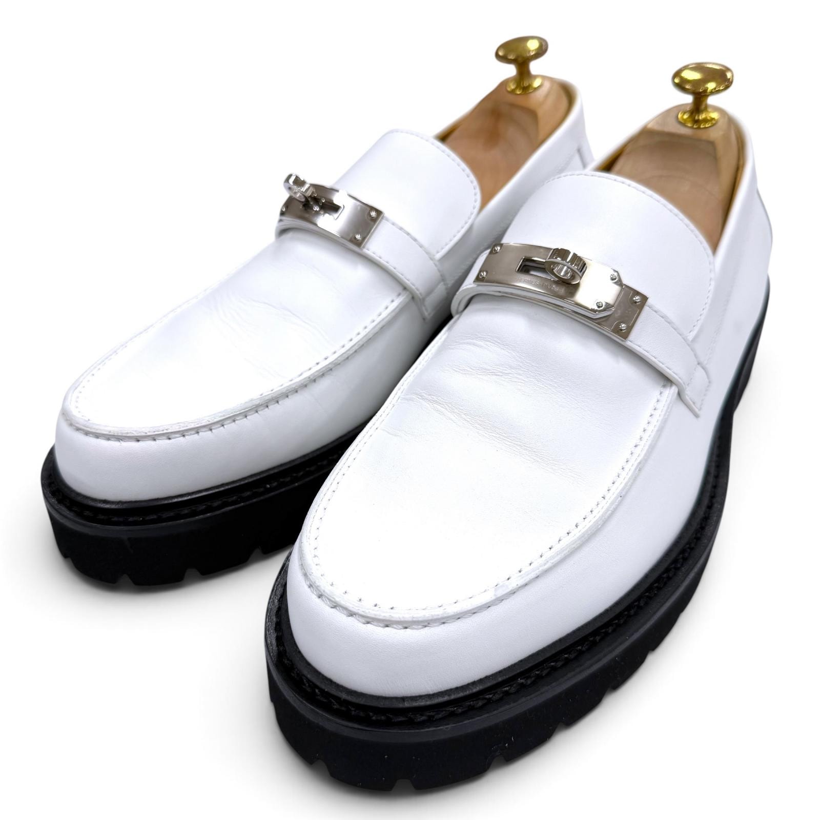 極美品 エルメス ローファー モカシン アイコン ケリーバックル ホワイト 43