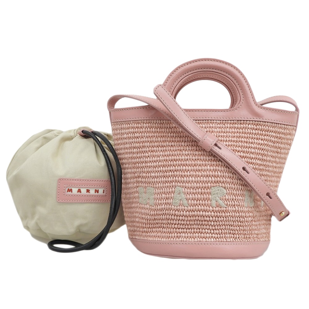 マルニ 美品 ラフィア×レザー トロピカリア バケットバッグ ショルダーバッグ レディース ピンク