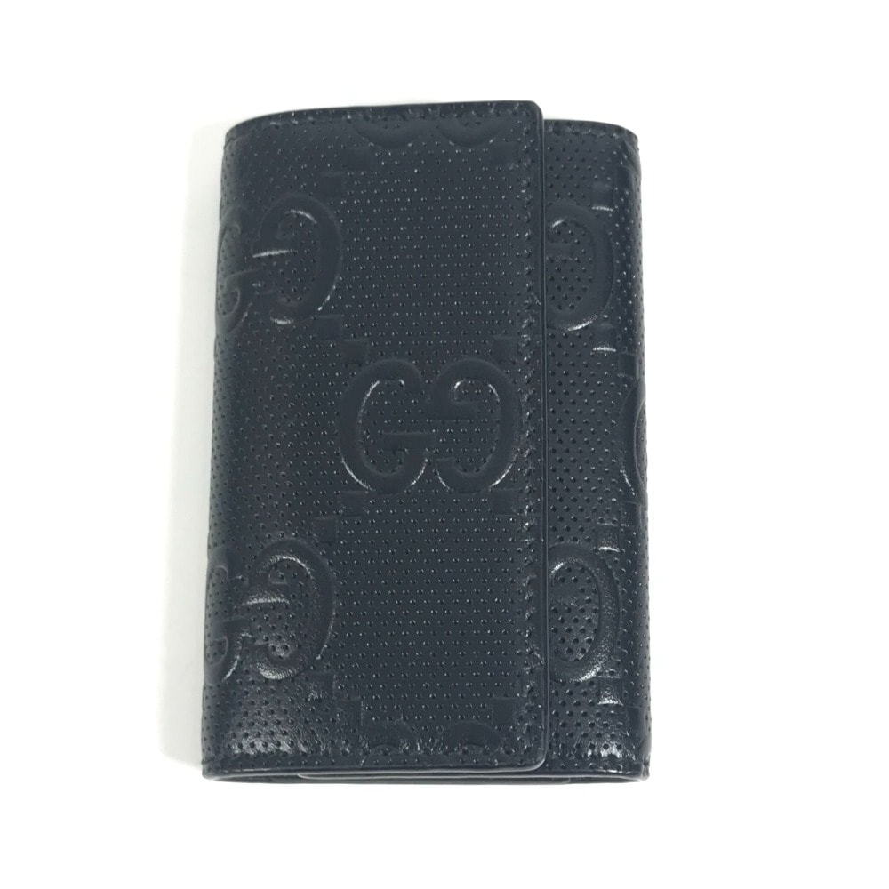 グッチ GUCCI 6P 鍵 キーリング付き 625565 GGエンボス ロゴ キーケース レザー ブラック 美品