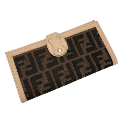 FENDI フェンディ ズッカ柄 Wホック 長財布 ブラウン×ピンク キャンバス/レザー
