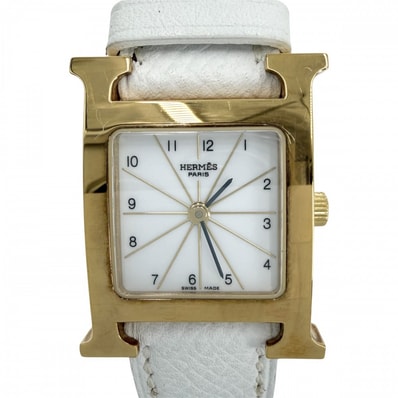 HERMES エルメス 腕時計 Hウォッチ 電池式 ホワイト文字盤 H WATCH HH1.201 クオーツ レザー ゴールド ホワイト 白 レディース 2007年【中古品】