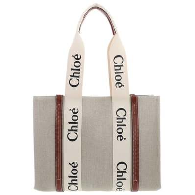 Chloe クロエ ウッディ ミディアム トートバッグ トートバッグ CHC22AS383I2690U リネン キャンバス ベージュ レディース【中古】