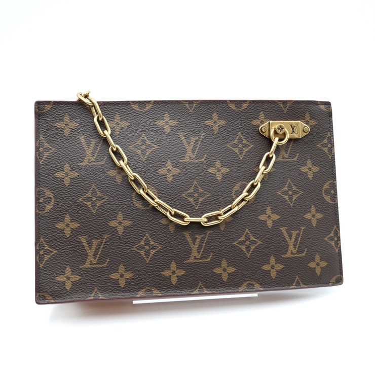 LOUIS VUITTON(ルイヴィトン)モノグラム チェーン クラッチ クラッチバッグ セカンドバッグ ポーチ ブラウン PVCコーティングキャンバス レザー ゴールド金具 レディース M55646【中古】