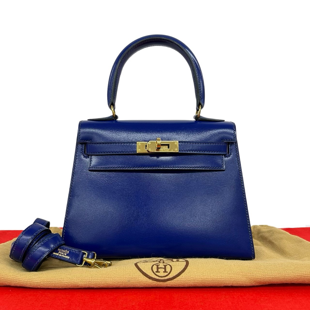 HERMES エルメス ミニケリー 20 ボックスカーフ ショルダーバッグ ブルー
 634-7