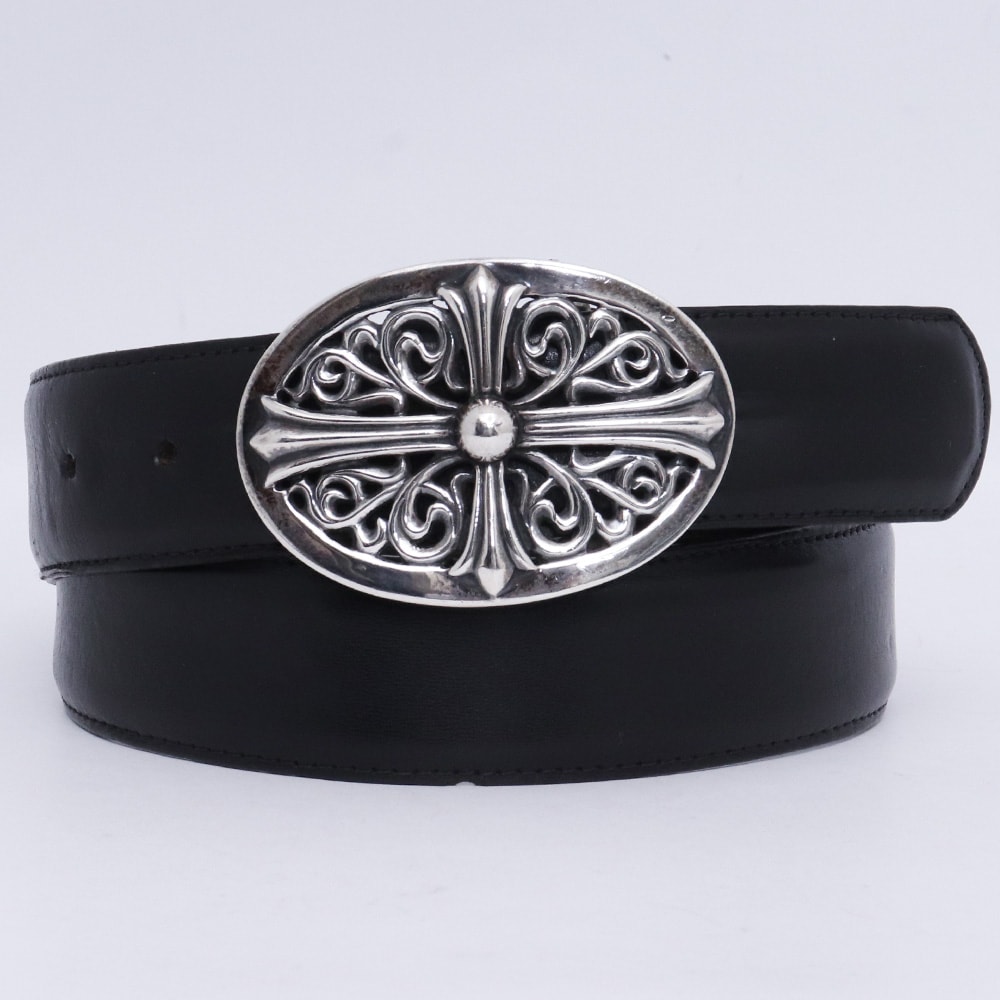 CHROME HEARTS クラシック オーバルクロス バックル 1.5 プレーンブラックレザー ベルト オールド