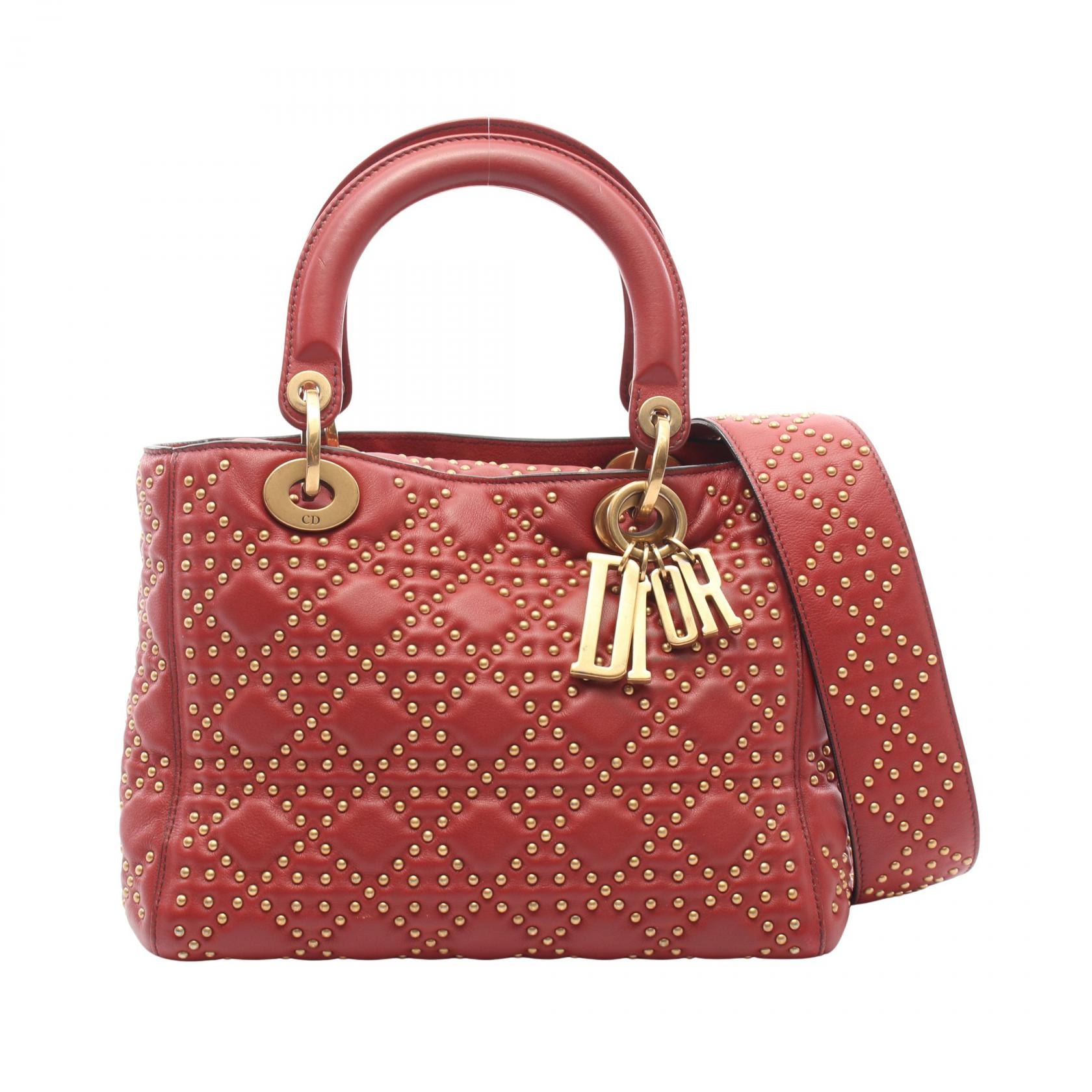 ディオール Dior LADY DIOR レディディオール スタッズ 2WAY ハンドバッグ バッグ レザー レディース ボルドー系 【中古】