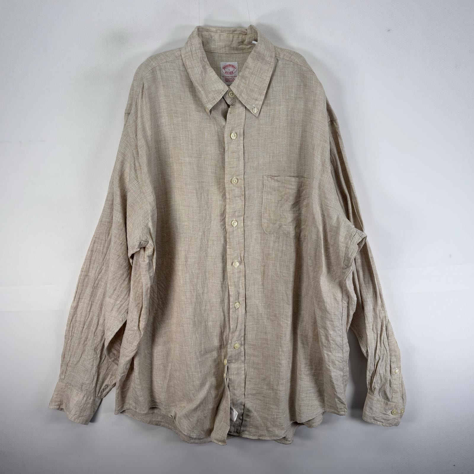 古着 ブルックスブラザーズ Brooks Brothers 長袖シャツ 胸ポケ リネン ボタンダウン L  ベージュ系 チェック メンズ